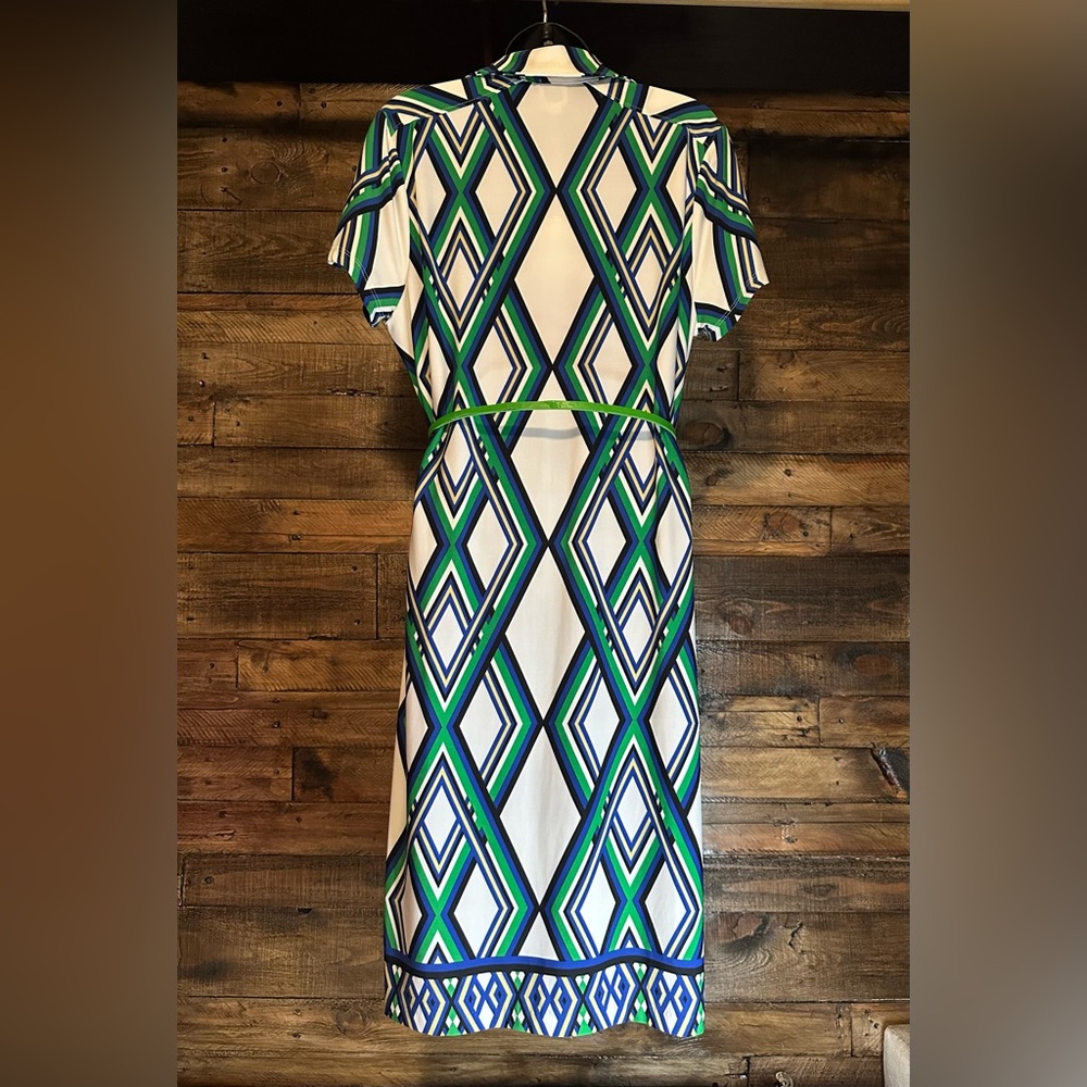 Anne Klein Blue and Green Geometric Midi Dress - Picture 2 of 6